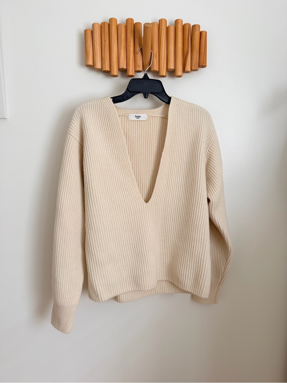 Frankie Shop Cream Ribbed Deep V Sweater